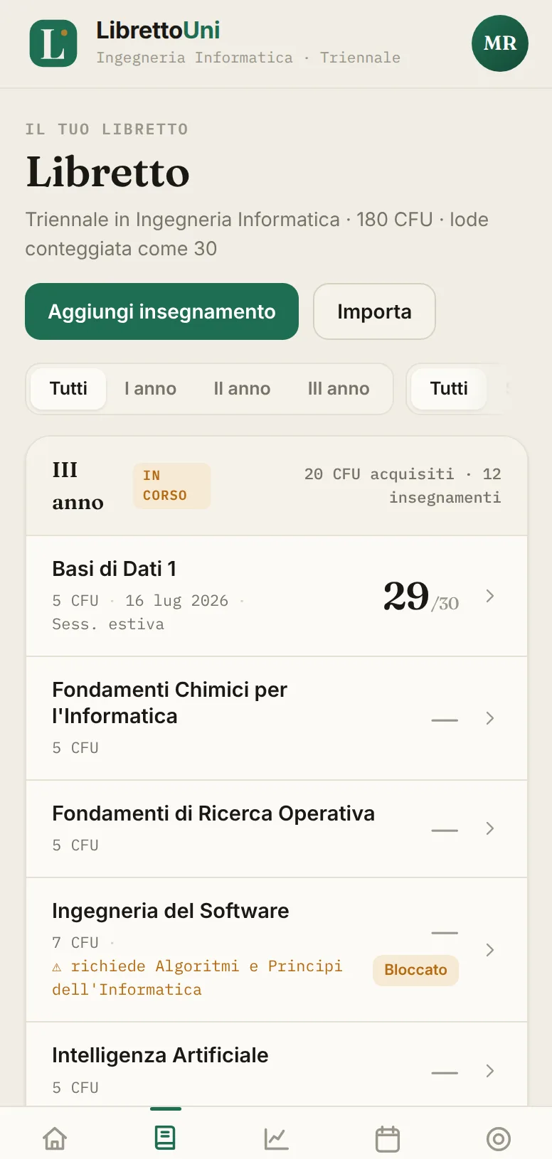 Schermata dell'app LibrettoUni: Libretto