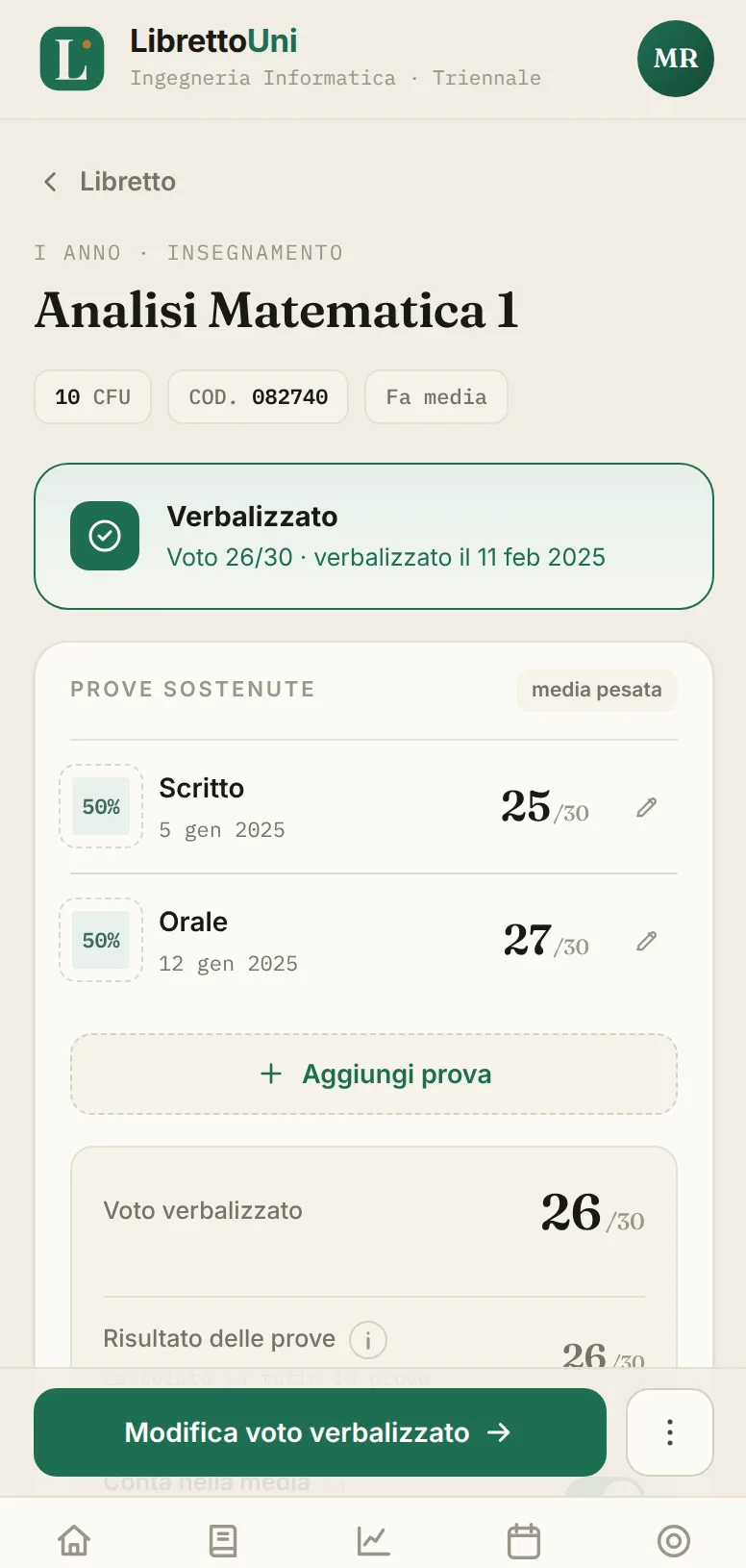 Schermata dell'app LibrettoUni: Scheda del corso