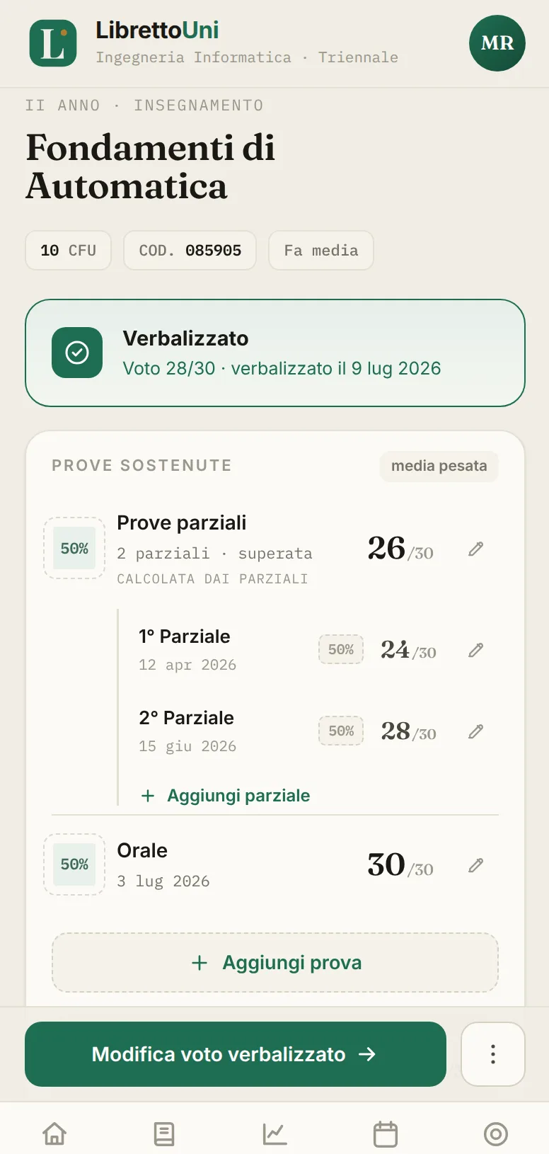 Schermata dell'app LibrettoUni: Prove e parziali