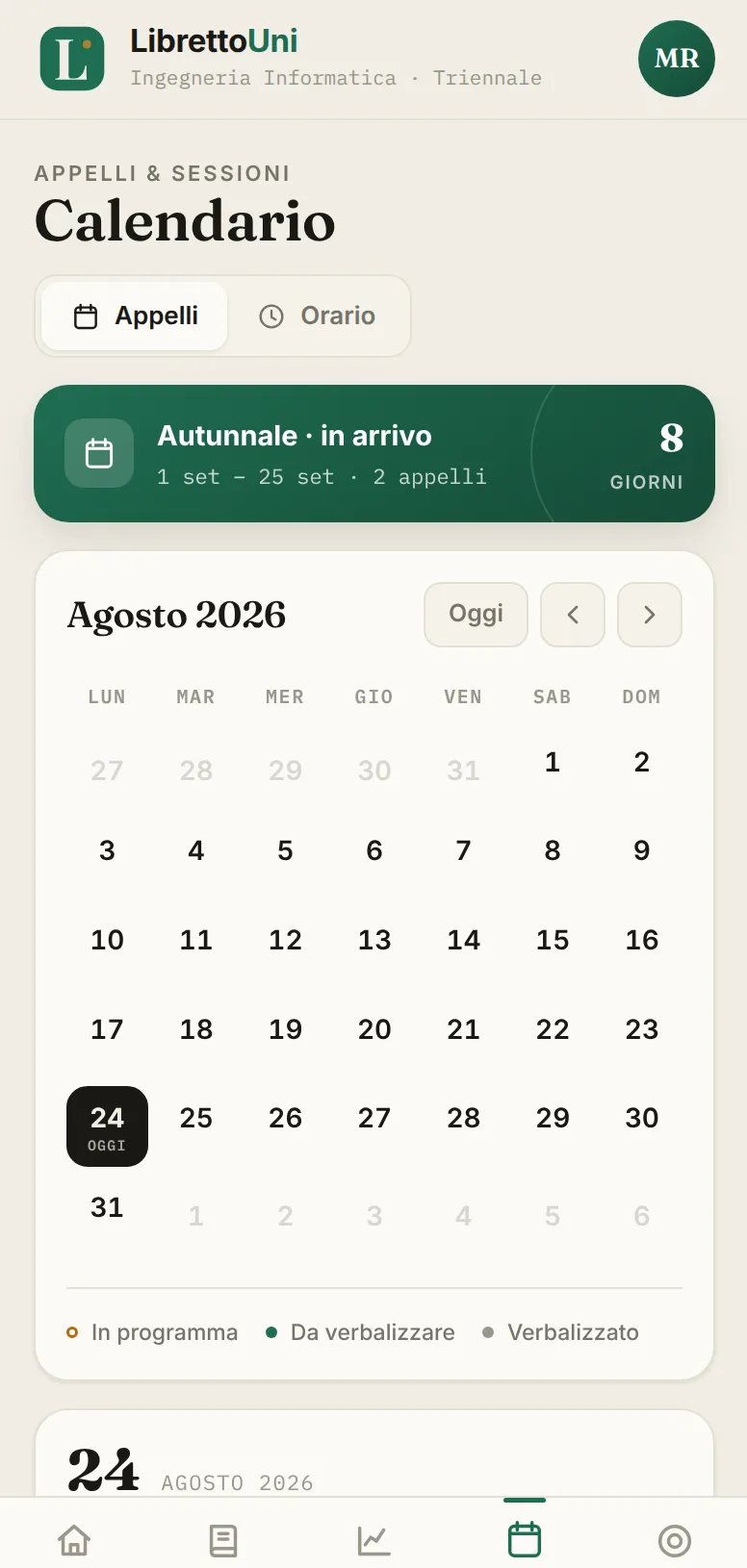 Schermata dell'app LibrettoUni: Calendario
