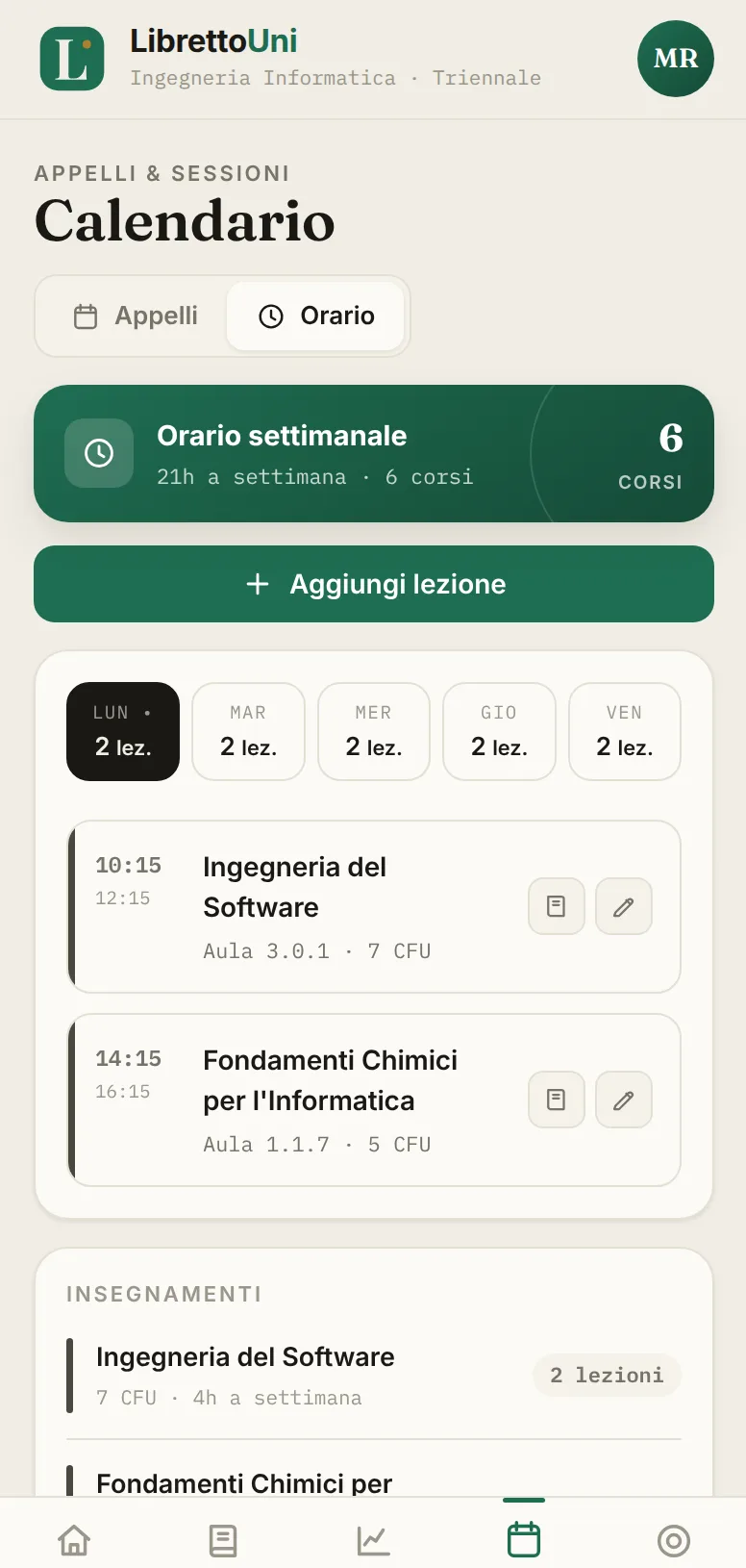 Schermata dell'app LibrettoUni: Orario