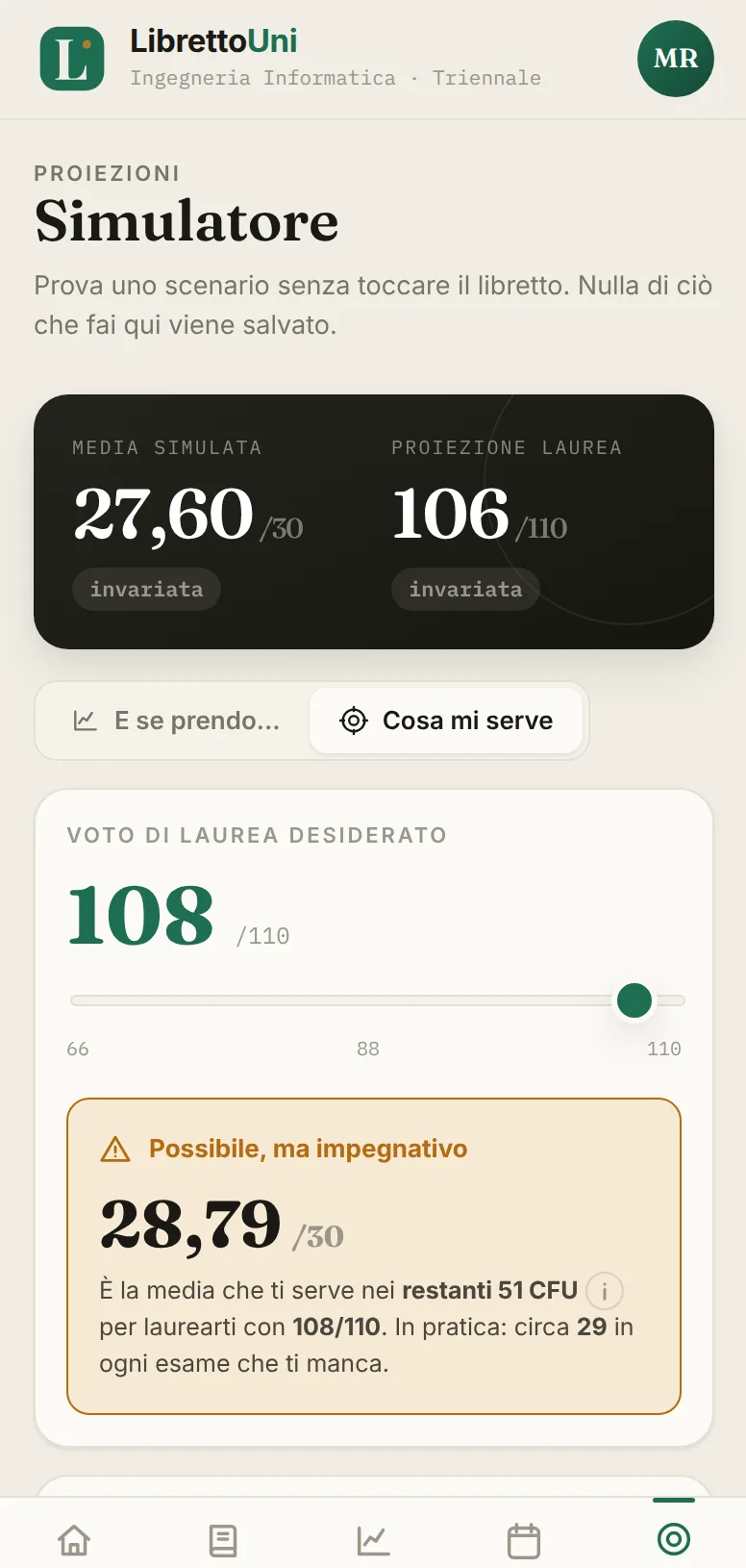 Schermata dell'app LibrettoUni: Simulatore