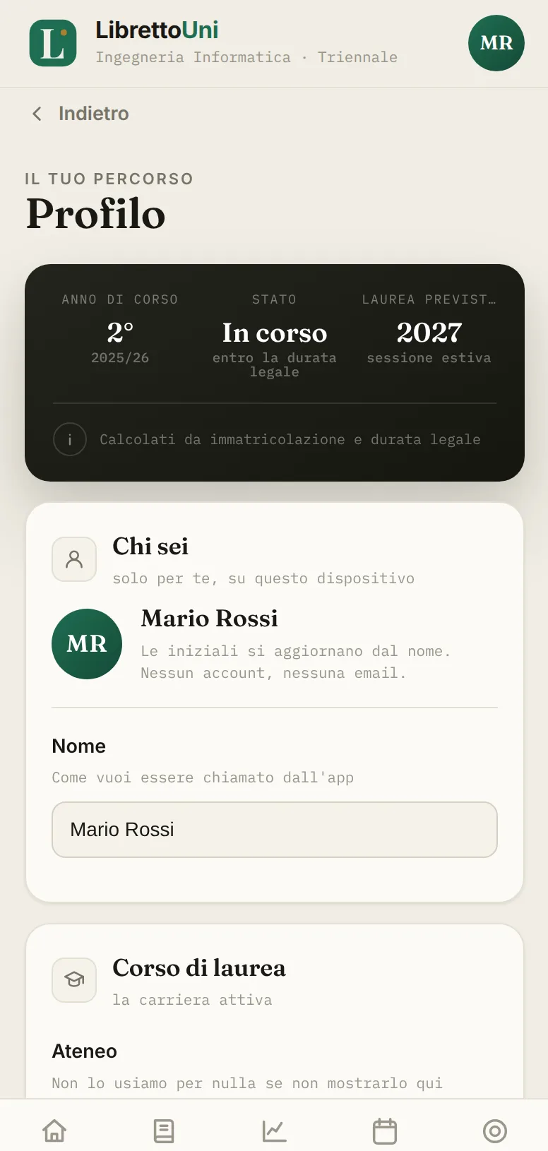 Schermata dell'app LibrettoUni: Profilo e regole