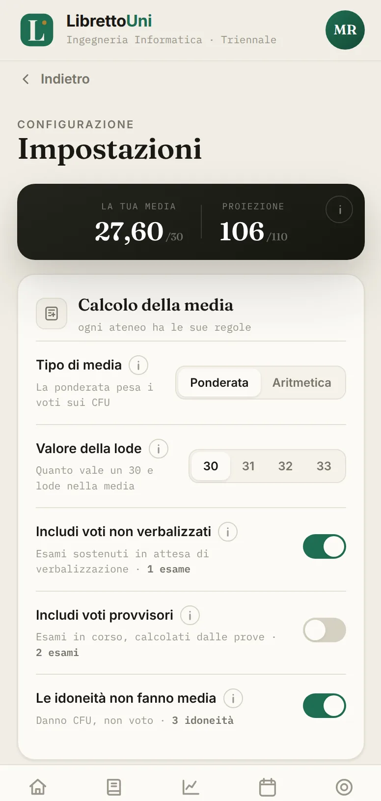 Schermata dell'app LibrettoUni: Calcolo della media