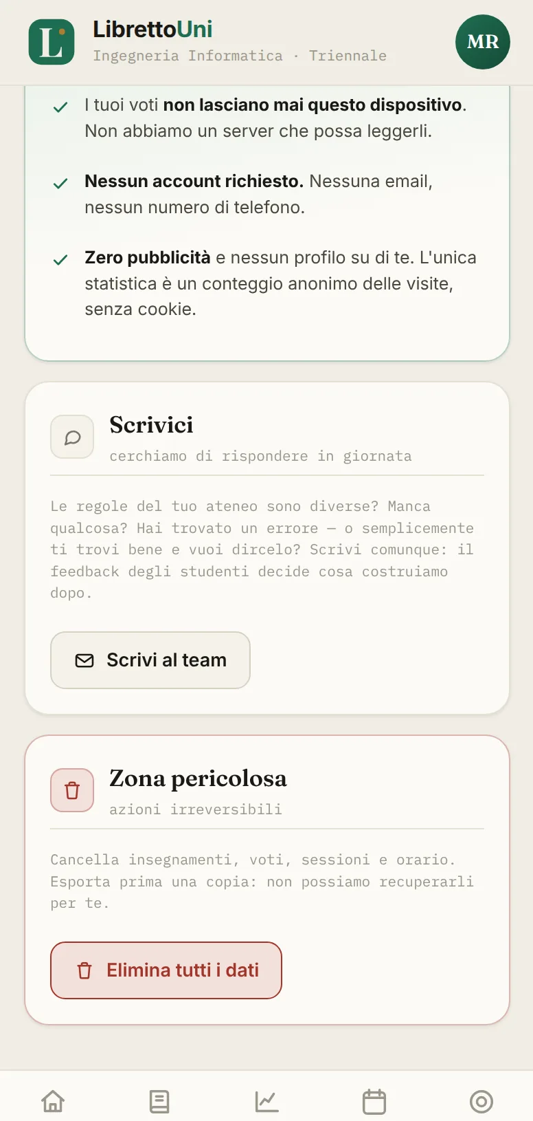 Schermata dell'app LibrettoUni: I dati restano qui
